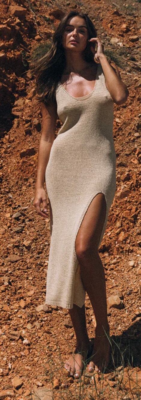 SNDYS Breeze Scoop neck Knit Midi Summer Beach Dress in Sand, M NWT